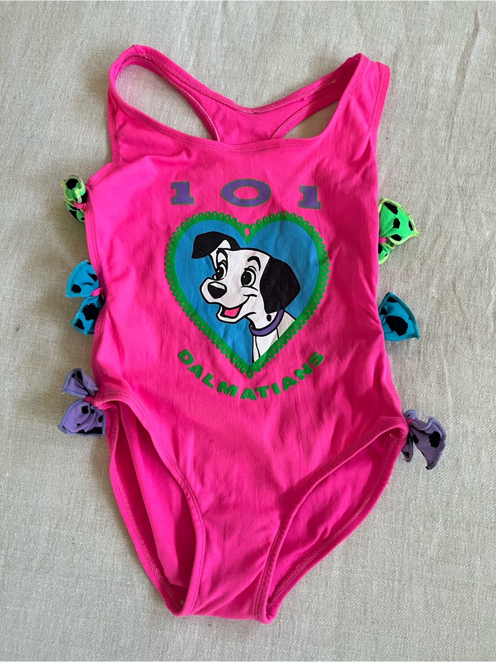 90s Vintage Pink 101 Dalmatians Girls Swimsuit with Colorful Side Bows